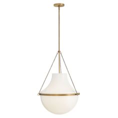 a light fixture with a white glass ball hanging from the bottom and gold chain around it