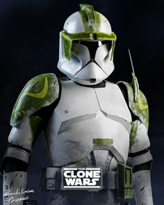 the clone wars character is posed in front of a dark background, wearing a helmet and armor