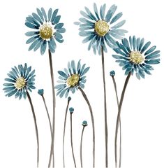 three blue flowers with yellow centers on white background