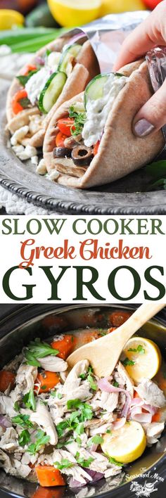 slow cooker greek chicken gyros with lemons and vegetables in the background