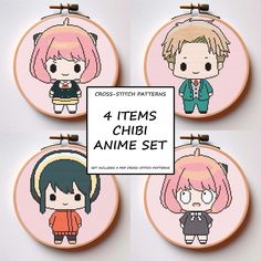 four cross stitch patterns with anime characters on the front and back of each one,