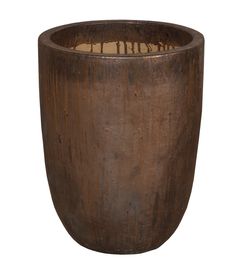 a large wooden pot with no lid on it's side, sitting in front of a white background