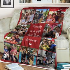 a couch with a blanket that has photos on it and the words family is to get together