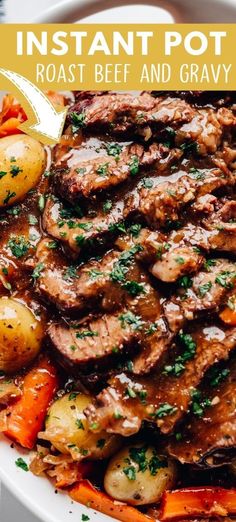 an image of instant pot roast beef and gravy with carrots on the side