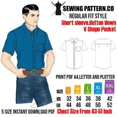 a man wearing a blue shirt and jeans with his hands on his hips, standing in front of a white background that says sewing pattern co regular fit style short sleeve button down v shape