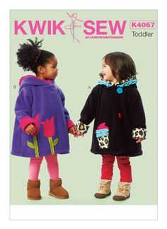 Sewing Pattern for Toddlers' Embellished Coats with Hood Lined coats (with contrast fabric) has hood, fold-up sleeves (lining will show), front button closures with loop(s), side seam pockets and various appliques with ruffle trims. Make your Little One an adorable Jacket for the Winter: A. Cupcake Coat B. Flower (Tulips) Coat or make without the appliques Fabric Suggestions: Designed for lightweight Fleece Pattern Sizes Included: Girl Toddler Sizes: T1, T2, T3 & T4 are included Uncut, Facto Hooded Coat Sewing Pattern, Fleece Coat Pattern, Embellished Coat, Toddler Outerwear, Kwik Sew Patterns, Toddler Coat, Hooded Coats, Coat Pattern Sewing, Fleece Patterns