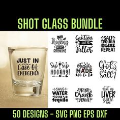 the shot glass bundle is shown in black and white, with different lettering on it