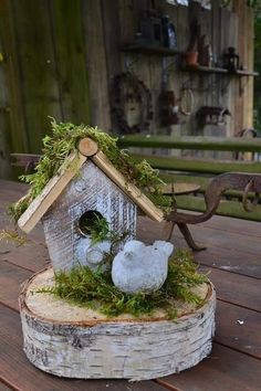 a birdhouse made out of wood with moss growing on it's roof and two birds inside