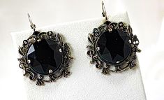 Black Crystal 16 mm earrings with filigree. Antique silver Filigree brings total earring to 18 x 18 mm. Gothic Drop Earrings For Formal Occasions, Elegant Black Filigree Earrings, Black Filigree Earrings As Gift, Black Filigree Earrings For Gift, Antique Black Earrings For Gift, Antique Style Black Earrings For Gift, Victorian Black Earrings For Party, Formal Black Filigree Earrings, Victorian Black Earrings For Evening