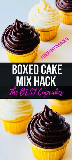 several cupcakes with chocolate frosting on top and the words boxed cake mix hack