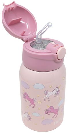 a pink insulated water bottle with unicorns on it and a lid that is open