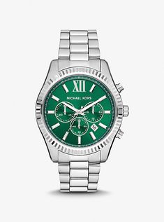 Designed with the aspirational man in mind, our Lexington watch takes sleek and streamlined to a whole new level. The beveled silver-tone stainless steel bezel and bracelet strap provide tactile texture, while the date function and chronograph dials give it a timeless finish. Green Stainless Steel Chronograph Watch Accessories, Modern Michael Kors Chronograph Watch, Green Chronograph Stainless Steel Watch, Green Stainless Steel Chronograph Watch, Michael Kors Silver Watch Metal Dial, Michael Kors Silver Watch With Metal Dial, Michael Kors Silver Watches With Subdials, Tactile Texture, Handbag Shoes