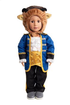 a doll dressed in a blue and gold outfit with horns on it's head