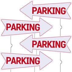 three red and white signs pointing in different directions to the parking areas on each sign