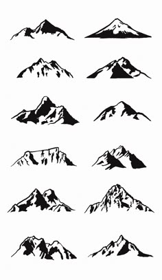 black and white mountain silhouettes are shown in this image, each with different types of snow