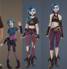 three different views of an animated female character with blue hair and black gloves, standing in front of a gray background