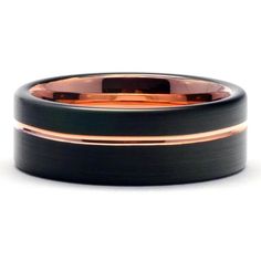 a black and rose gold wedding ring with an orange stripe in the center, on a white background