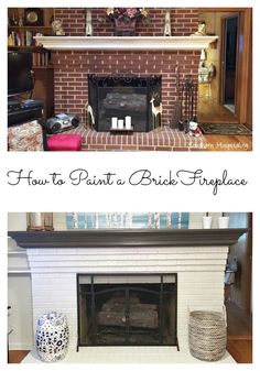 the before and after pictures of a brick fireplace with white paint on it, and an image of how to paint a brick fireplace