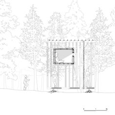 the drawing shows people standing in front of a small building that is surrounded by trees