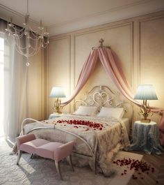 a romantic bedroom with pink curtains and white bedding