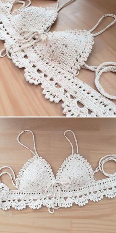 two pictures of bras with crochet on the bottom, and one is white