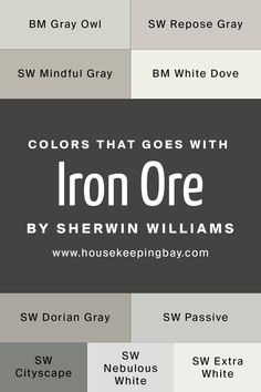 Colors That Go With Iron Ore SW-7069 by Sherwin Williams Exterior House Colors Iron Ore, Iron Ore Sherwin Williams Bathroom Vanity, Industrial Basement Paint Colors, Iron Ore Sherwin Williams Exterior With White Trim, Whole House Color Palette Iron Ore, Paint Color Iron Ore, Iron Ore Pairing Colors, Iron Ore White Trim, Sw Iron Ore Built Ins