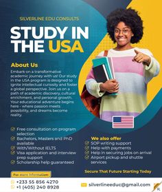 the flyer for silverline edu consult's study in the usa program, with an image of a woman holding books