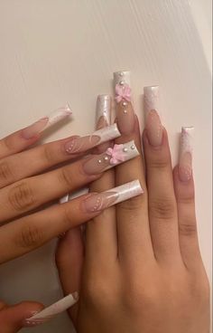 Coquette Valentines Day Nails, Gel X Long Nails, Conquete Nails, Nails Acrylic Coquette, Pink Nail Sets Medium, Couqutte Nails, Bling French Tip Nails, Pink Coquette Nails, Croquette Nails