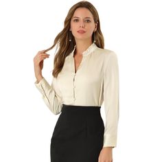 This satin blouse styled in a ruffle neck brings elegance to whatever outfit you're putting together. A neck with ruffled trim and lantern sleeve brings instant elegance to any day or night look. Suitable for Casual, Dating, Office, Work, Formal Occasion and Daily Wear. Perfectly pair it with jeans or a skirt for an elegant look. Modern and elegant, this shirt style with softly satin fabric and a lantern sleeve. There's nothing like a touch of satin to elevate your style, and this blouse also fe Elegant Cream Blouse At Affordable Price, Elegant Formal Blouse With Ruffled Collar, Elegant Office Blouse With Ruffled Collar, Elegant Ruffled Blouse For Work, Elegant Ruffled Collar Blouse For Work, Elegant Blouse With Ruffled Collar For Work, Elegant Workwear Blouse With Ruffled Collar, Solid Color Ruffled Workwear Shirt, Solid Color Ruffled Shirt For Work