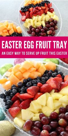 an easter egg fruit tray is shown with grapes, strawberries and pineapples