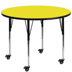 a yellow round table with four wheels on each side and a black top, against a white background