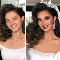 two different pictures of a woman wearing a tiara and smiling at the camera,