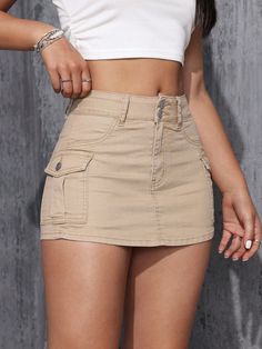 Ladies' Monochrome Cargo Denim Skort Khaki Casual   Denim Plain Skort Slight Stretch  Women Clothing, size features are:Bust: ,Length: ,Sleeve Length: Red Plaid Skirt, Green Pencil Skirts, Long Skirt Fashion, Pu Leather Skirt, Denim Skort, Pleated Tennis Skirt, Jupe Short, Jeans Cargo, Long Skirts For Women