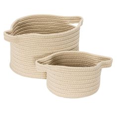 two large round rope baskets with handles on each side, one in beige and the other in white