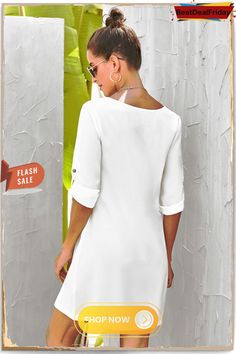 Bestdealfriday White V Neck Button Front Roll Up Tab Sleeve Dress P1481426 Casual Mini Dress With Buttons For Office, Casual Office Mini Dress With Buttons, V-neck Shirt Dress For Office With Buttons, V-neck Shirt Dress With Buttons For Office, Spring Office Mini Dress With Button Cuffs, White V-neck Shirt Dress With Buttons, Loungewear Sets, Tunic Styles, Neck Pattern