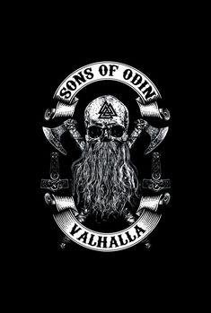 a black and white logo with an image of a bearded man wearing a viking helmet