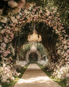 an archway with pink flowers and chandelier hanging from it's sides in the middle of a garden