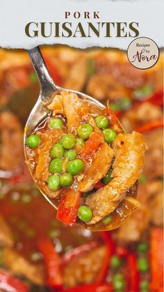 a close up of a spoon with food on it and the words pork gusantes