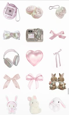 a bunch of items that are sitting on a white surface with pink ribbons and bows