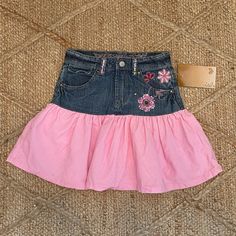 Nwt Blue Jean Denim Skirt With Soft Pink Corduroy And Cute Embroidery And Sequins. Super Adorable!! It Has An Adjustable Waistband Inside. Size 6x Pink Denim Skirt, Girls Denim Skirts, Blue Jean Skirt, Multicolor Skirt, Pink Corduroy, Denim Jean Skirt, Embellished Denim, Cute Embroidery, Sewing Class