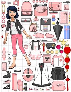 a paper doll with lots of clothes and accessories