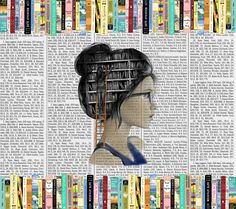 a woman's head is surrounded by bookshelves in the shape of a bookcase