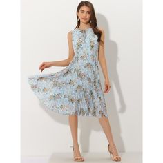 Let your wardrobe bloom with this stunning floral dress. The pleated hem adds a playful, flowing touch to this chiffon dress. Pair it with flats for a relaxed, effortless look. It's ideal for vacations or weekend gatherings. For a more sophisticated style, pair it with sandals. Suitable for daily wear, vacations, weekends, dates, outdoor weddings, and more. Features a lovely floral print, a tie-neck, chiffon fabric, regular fit, and a sleeveless design with a pleated hem. Sleeveless Pleated Summer Dress, Summer Pleated A-line Chiffon Dress, A-line Sleeveless Dress With Pleated Hem For Spring, Flowy Pleated Chiffon Dress For Spring, Spring Pleated Chiffon Dress, Spring Pleated Midi Floral Dress, Spring Floral Midi Dress With Pleats, Spring Floral Pleated Midi Dress, Spring Midi Length Pleated Floral Dress