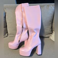 Brand New Dolls Kill Knee-High Baby Pink Boots Size 9 *Never Worn!* I’m Usually A Size 8.5 In Regular Shoes And These Boots Fit Perfect With A Little Wiggle Room Pink Round Toe Heels For Fall, Fall Pink Round Toe Heels, Pink Knee-high Platform Boots For Spring, Cute High Heel Party Boots, Spring Pink Knee-high Platform Boots, Trendy Pink Platform Boots For Fall, Trendy Pink Fall Platform Boots, Cute Spring Platform Boots, Cute High Heel Boots For Spring