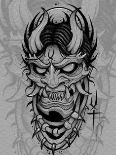 a drawing of a demon mask on a gray background