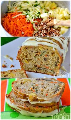 four different pictures of food including carrots, zucchini and meatloaf