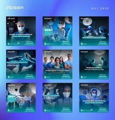 a series of medical banners with images of doctors and surgeons in blue colors on a dark background