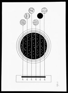 a black and white drawing of planets in the center of a circle with four poles