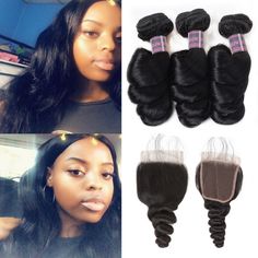 100% Unprocessed Loose Wave Human Hair 3 Bundles with Free Closure Double Weft 8A Brazilian Hair Bundles With Closure Real Mink Human Hair Extensions On Sale #hairbundles #humanhair #deal #hairstyles Hair Ext, Loose Wave Hair, Deep Wave Brazilian Hair, Brazilian Loose Wave, Brazilian Hair Bundles, Loose Waves Hair, Hair Pack, Bundles With Closure, Deep Wave Hairstyles