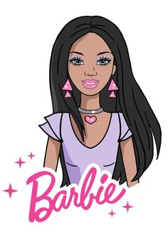 a girl with long black hair wearing pink earrings and a purple shirt that says barbie